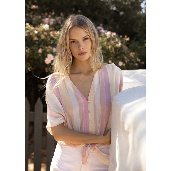 Rails XS Sunrise Stripe Pastel Button Down Tie Front Crop Thea Top Blouse - Picture 14 of 15